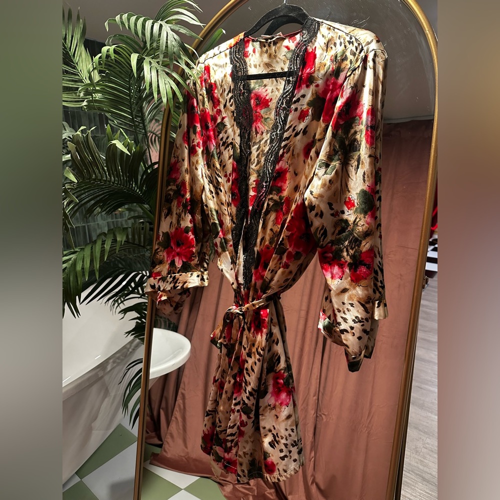 Linea Donatella Satin Robe with Red Floral Design